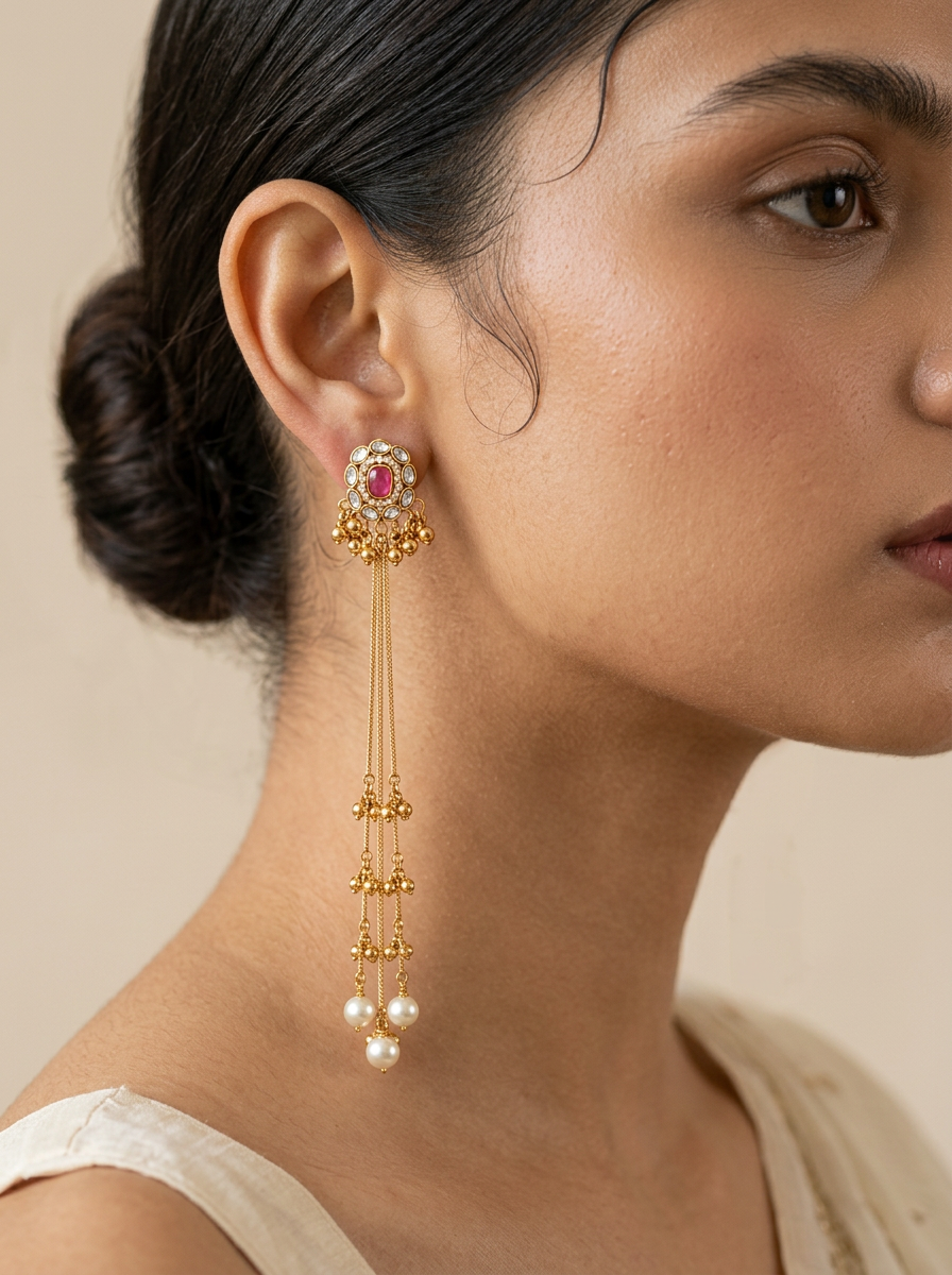 Pink Stone Kashmiri Dangler Earrings — Gold Finish