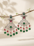 Mayurika Peacock Jhumki Earrings — Red & Green Beads, Silver Finish