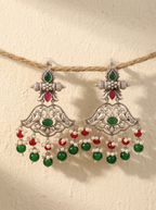 Mayurika Peacock Jhumki Earrings — Red & Green Beads, Silver Finish