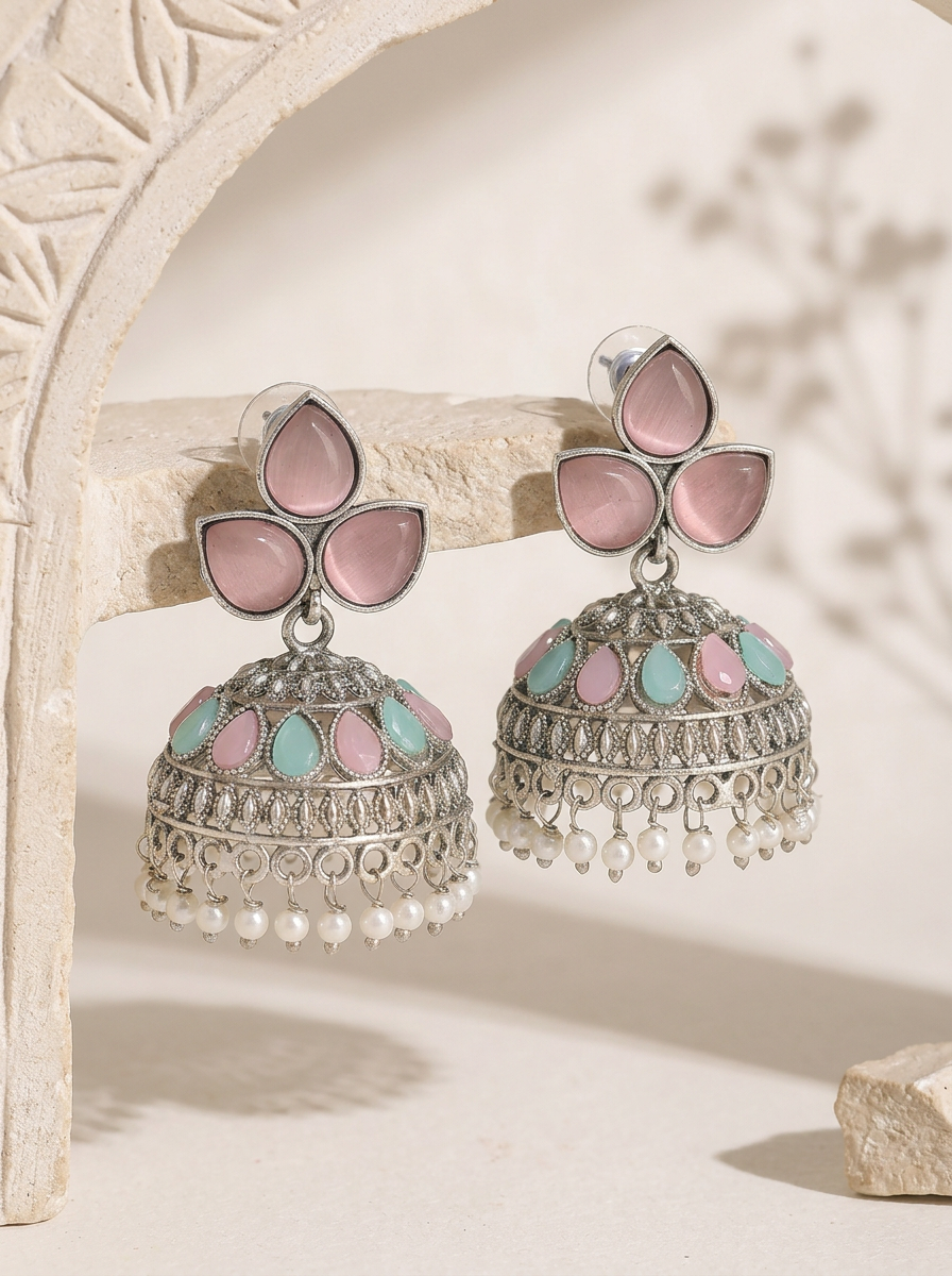 Silver finish floral Jhumka Earrings Combo Set