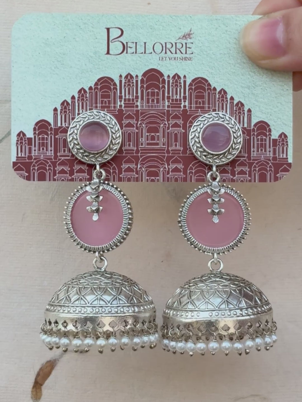Pink Dome Pearl Drop Jhumka Earrings — Silver Finish