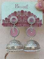 Pink Dome Pearl Drop Jhumka Earrings — Silver Finish