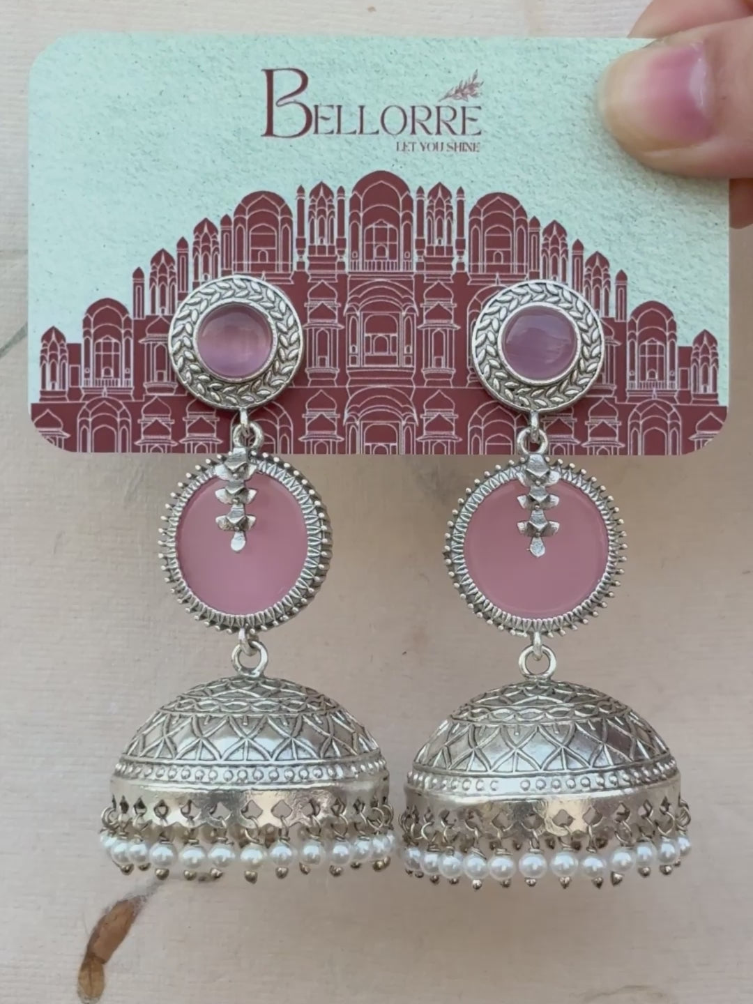 Pink Dome Pearl Drop Jhumka Earrings — Silver Finish