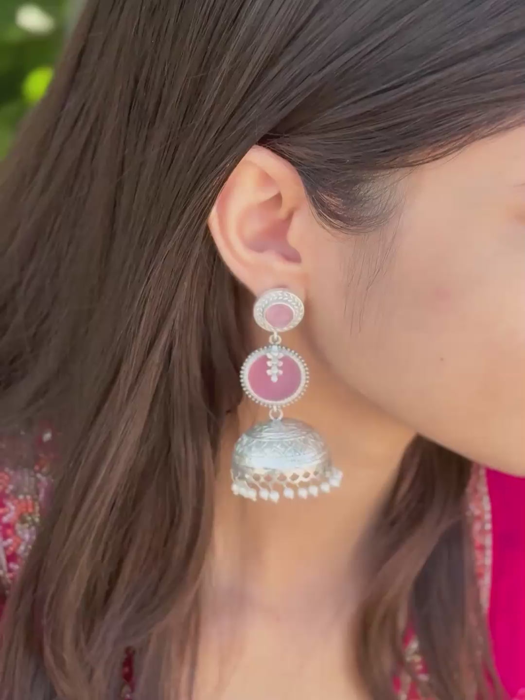 Pink Dome Pearl Drop Silver finish Jhumka