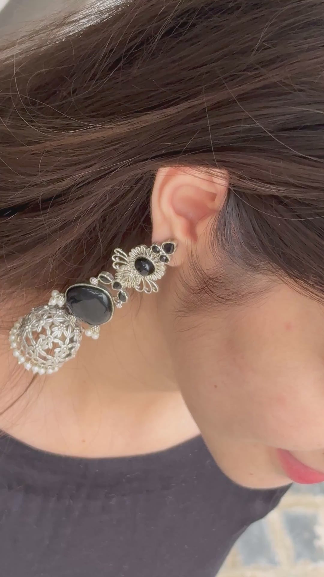 Silver tone finish Black Stone Layered Jhumki Dangler