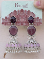 Purple & Pink Stone Jhumka Earrings — Silver Finish
