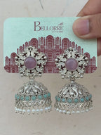 Pink Turquoise Silver-Plated Jhumki Earrings