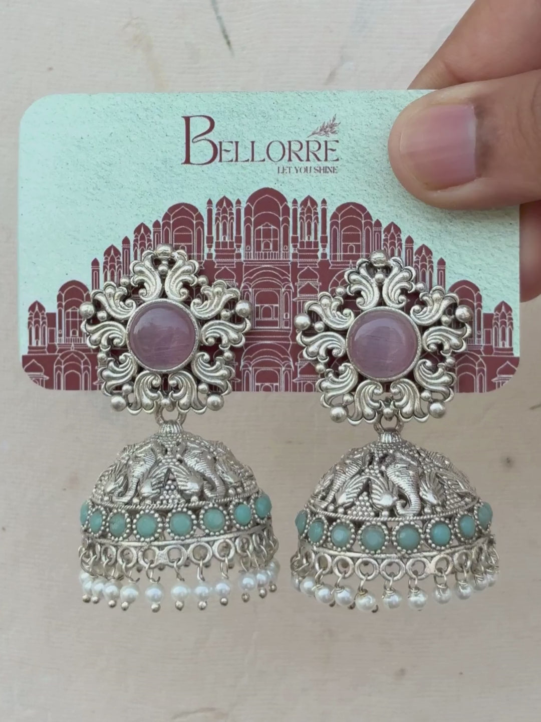 Pink Turquoise Silver-Plated Jhumki Earrings