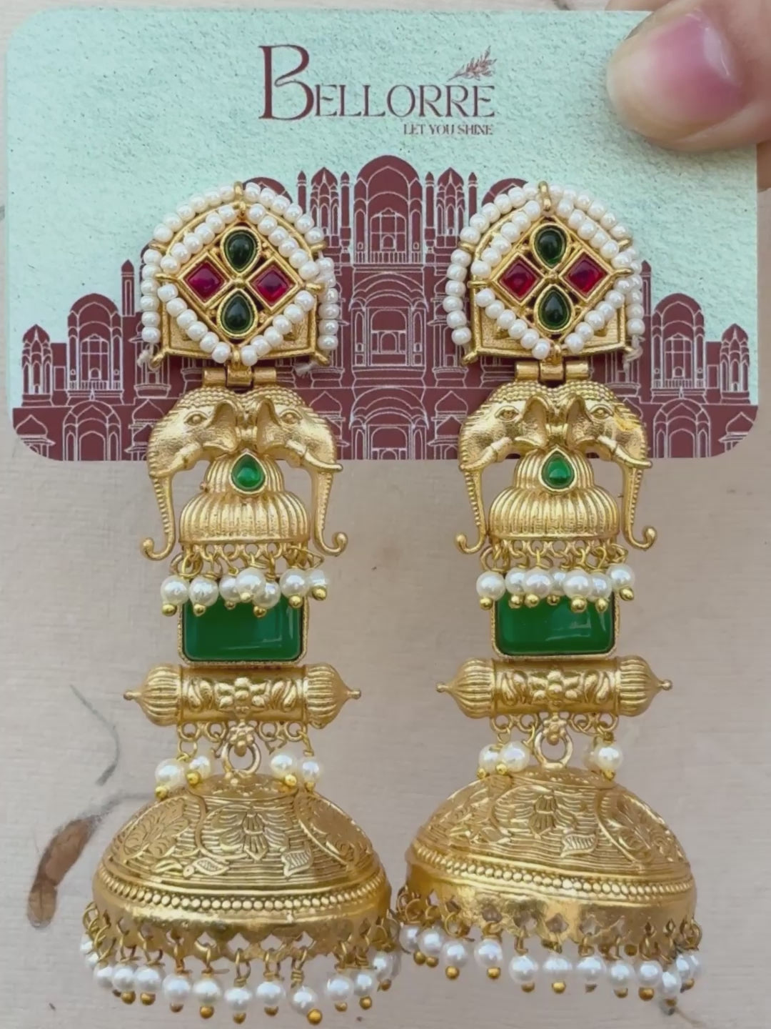 Green Stone Elephant Motif Jhumka Earrings — Gold Finish