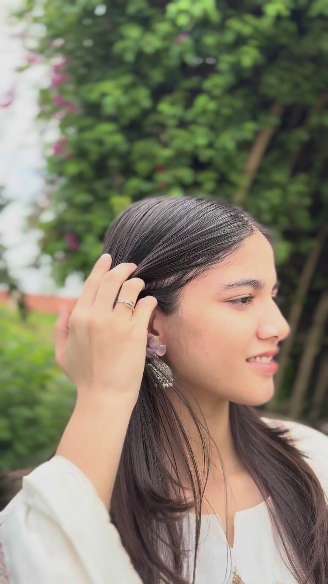 Pink Turquoise Jhumka Silver Finish Earrings
